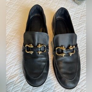 Arezzo “Caroline” Black Leather Loafers with Gold Detailing